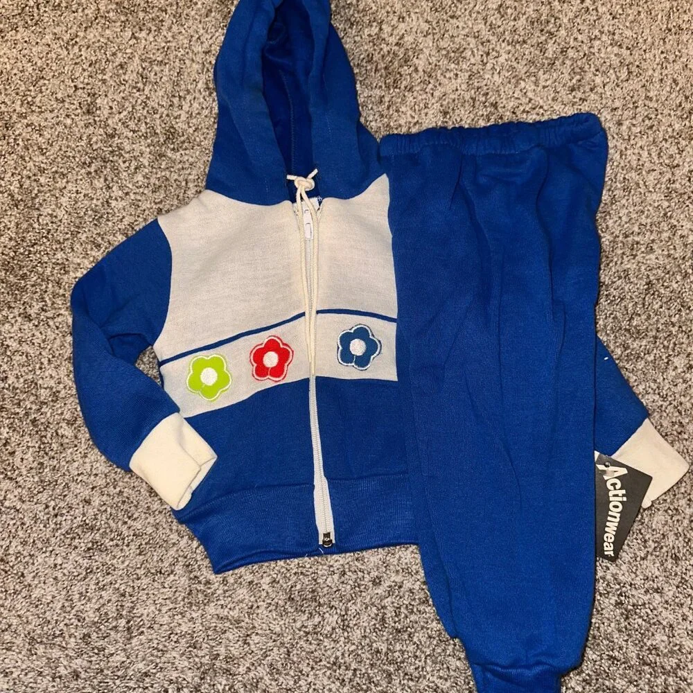 NWT Vintage Teddy Bears Actionwear Sweatsuit Set sz 2 2T 24 months BLUE FLOWERS
